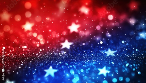 Red, white, and blue stars with sparkling bokeh lights create a festive and patriotic backdrop.