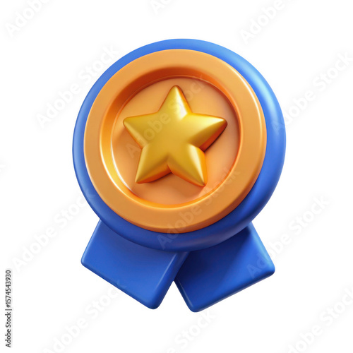 3d rendered blue and orange ribbon award with a golden star in the center