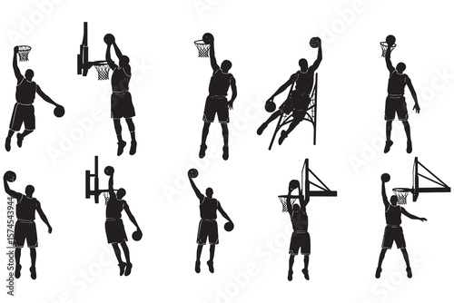 Silhouette illustration of nine basketball players in different shooting poses.