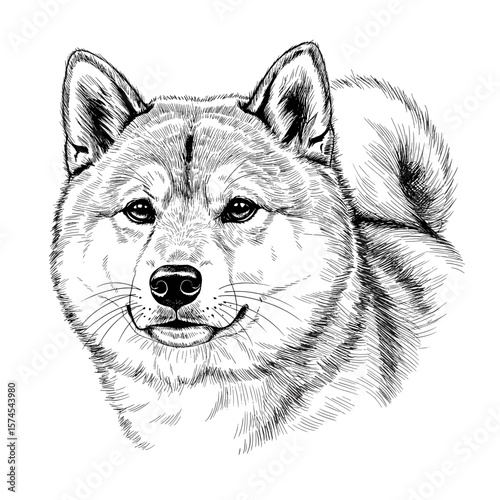 Vintage ink sketch of a Shiba Inu dog portrait, black and white doodle isolated on white background