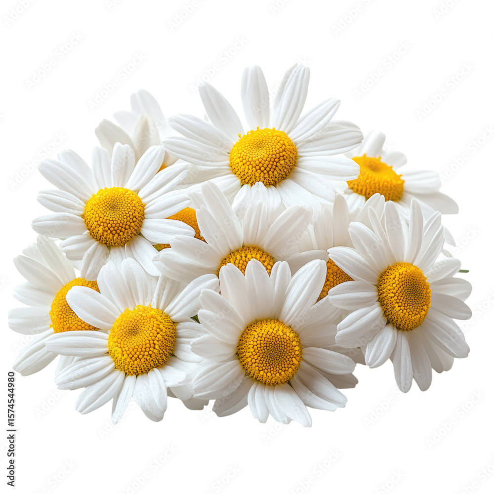 Obraz premium Fresh daisies with white petals and bright yellow centers gathered in a bouquet isolated on transparent background, cutout png