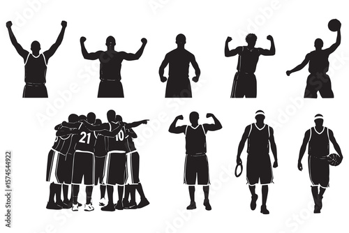 Silhouette illustration of nine basketball players in different shooting poses.