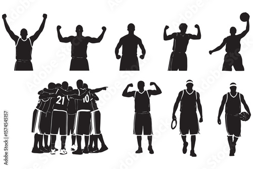 Silhouette illustration of nine basketball players in different shooting poses.