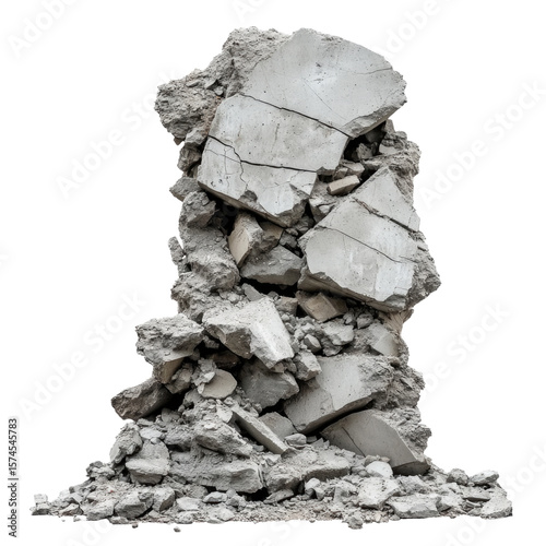 Rubble pile of broken concrete stones arranged randomly isolated on transparent background, cutout png