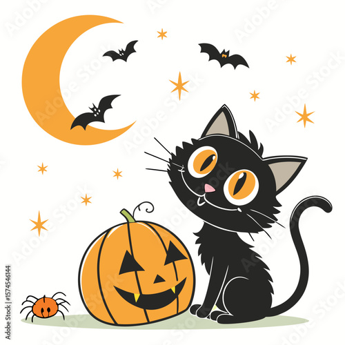 Cute black cat with jack o lantern and bats under orange moon halloween kitten