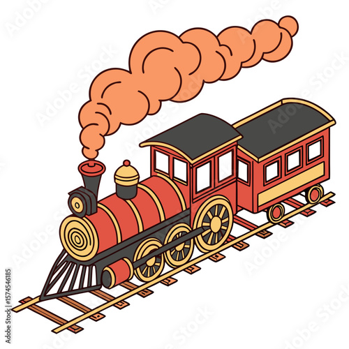Red and yellow steam train with orange smoke on tracks locomotive engine
