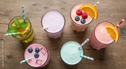Colorful Refreshing Smoothies on Wooden Tabletop