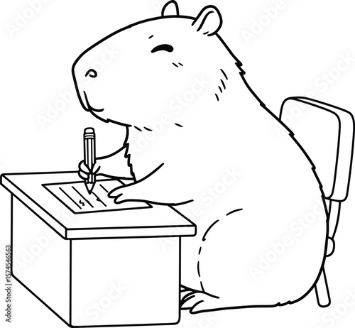Action of Cartoon Capybara Writing at Desk in Classroom Illustration, Vector Art EPS, Lighthearted Environment, Fun Viewpoint Depicting Learning and Creativity
