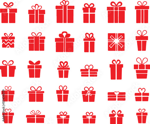 A collection of red gift boxes with ribbons arranged in a grid pattern