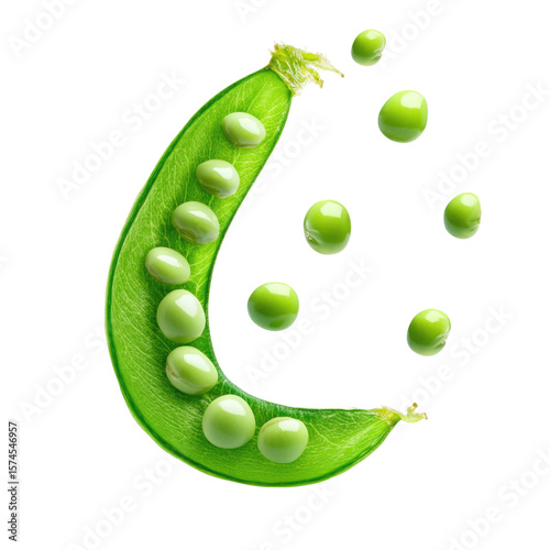 Fresh green pea pod with peas scattered around, isolated on transparent background, cutout png