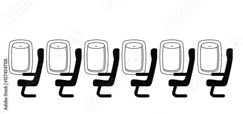 Airplane chair or air plaine seats. For airplane window. Passengers in aeroplane windows. Aeroplane for sitting on passenger in economy class. Plane interior with aisle, reclining seats and portholes.