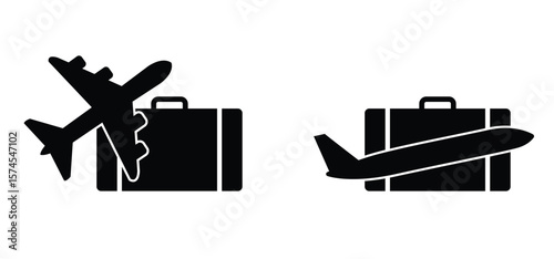 Airplane or plaine suitcase. Airplane coffer. Passengers, traveling bag for plane ticket. Aeroplane, plane and luggage. plane and luggage, flight ticket. Vacation, tourism icon concept. Baggage sign.