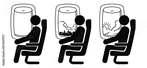 Airplane chair or air plaine seats. Airplane window and aircraft seats. Passengers in aeroplane windows. Aeroplane for sitting on passenge. Plane interior with aisle, reclining seats and portholes.