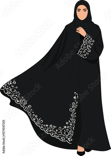 Elegant Muslim woman wearing a black Abaya, depicted as a vector illustration with traditional design elements, on a transparent background.