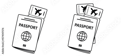 Cartoon passport and boarding pass icon. Airline tickets to fly. Airplane ticket. Boarding pass ticket. Fly tickets concept. Passport with boarding passes. flight ticket. Passenger to departure.