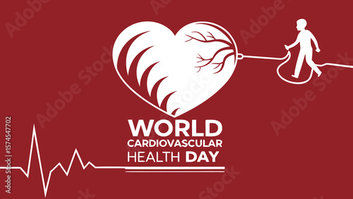 World Cardiovascular Health Day: Stylized Heart Graphic,  Person Walking,  Heartbeat Monitor,  Red Background,  Minimalist Design,  Conceptual Illustration,  Healthcare Awareness.