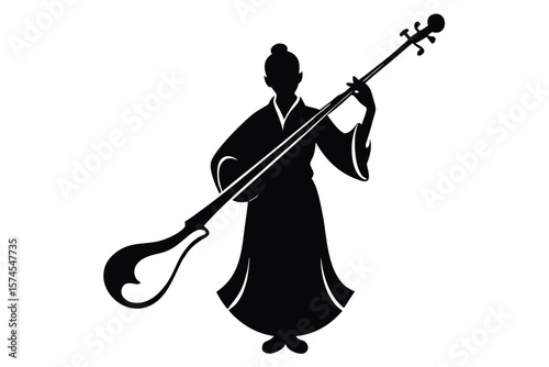 Silhouette of a person in traditional clothing playing a stringed instrument