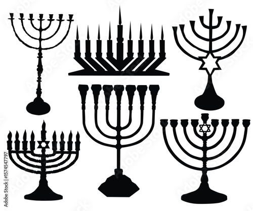 Collection of Judaism icons. Religion solid icon. Menorah glyph icon. Hanukkah candles. Jewish festival of lights. Feast of Dedication. Silhouette symbol. Israel Holiday symbol. Menorah Hanukkah icon