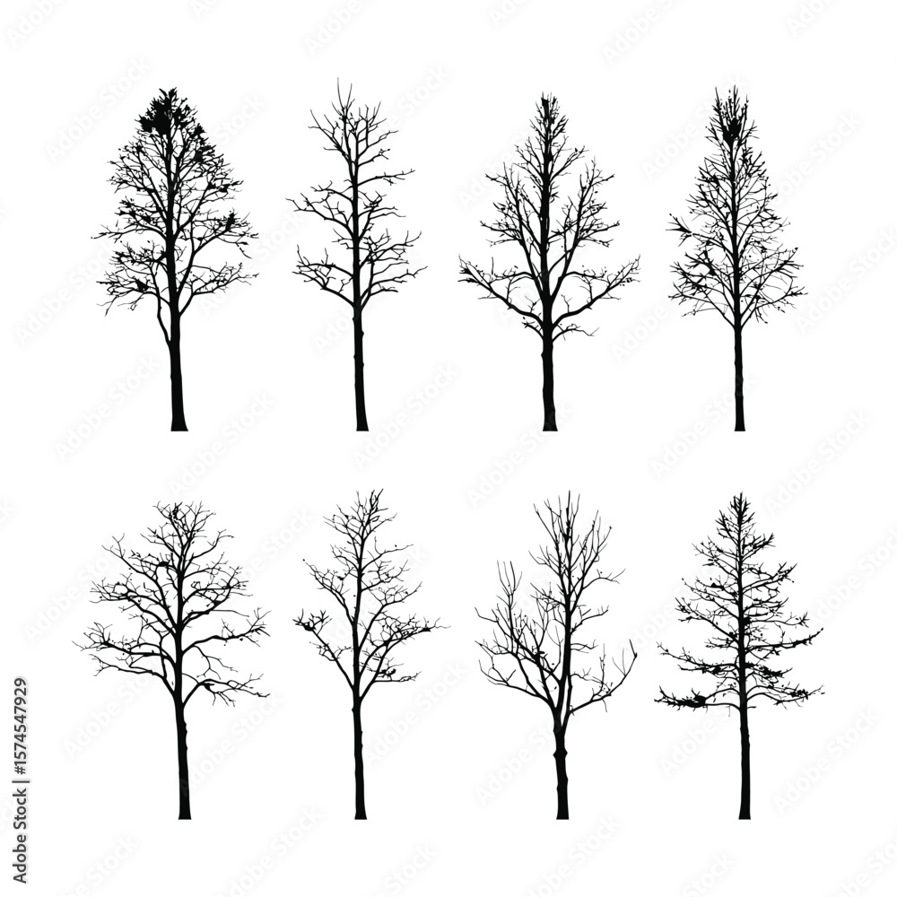 Fototapeta premium Eight bare trees are shown in silhouette against a white background, displaying different shapes and branch structures.