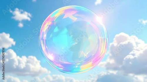 Colorful soap bubble floating in blue sky with soft white clouds  