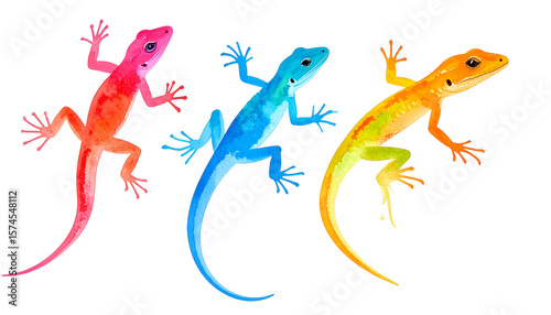 Hand drawn watercolor animals leap in vibrant colors showcasing three lizards in red blue and orange hues