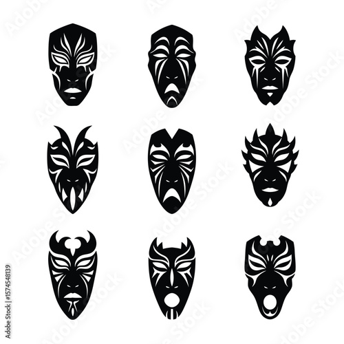 Nine stylized tribal masks are arranged in a grid, each with unique symmetrical designs in black and white.