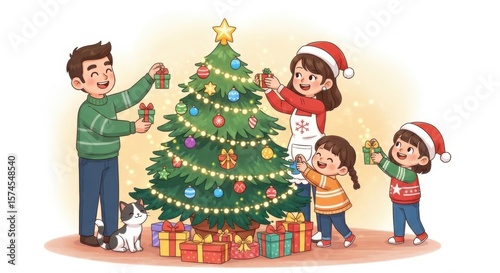 Happy Family Decorating Christmas Tree Together Spreading Festive Cheer