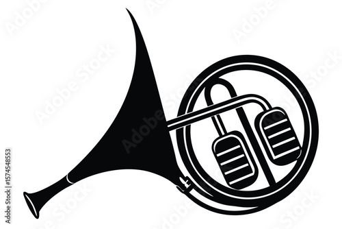 Stylized black silhouette of a french horn with valves