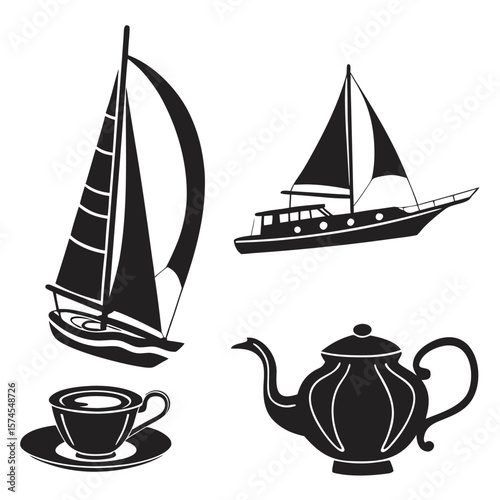 Black silhouettes of sailboats and tea set sailing boat yacht