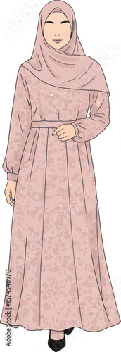 A woman is gracefully posing wearing a mauve modest dress and hijab, perfect for fashion illustrations and modern Muslim lifestyle content.