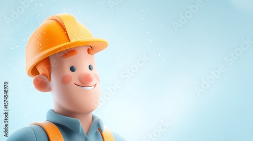 Cheerful Construction Worker Cartoon with Yellow Hardhat, Vibrant Building Professional in Blue Uniform, Playful Architectural Character on Light Sky Background, Friendly Construction Mascot 