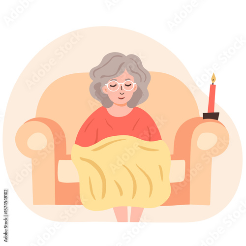 Elderly woman relaxing with candle. Cozy senior moment at home with candlelight. Retired woman resting in warm evening light. Relaxation and calm for older adult indoors. Elderly set