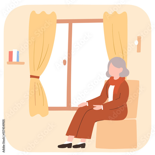 Elderly woman sitting in coat indoors. Senior lady resting alone at home. Retired woman near window in cozy room. Solitude and aging captured in calm interior. Elderly set