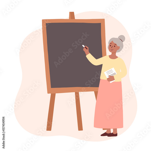 Elderly woman with chalkboard. Senior teacher explaining lesson on blackboard. Retired woman teaching math in classroom. Lifelong learning and teaching in older age. Elderly set