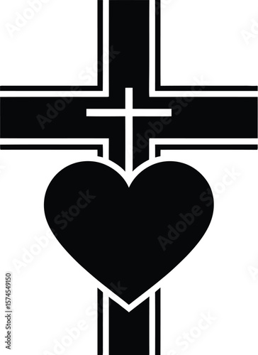 A black cross with a heart shape overlaying it on a white background in a simple graphic design style