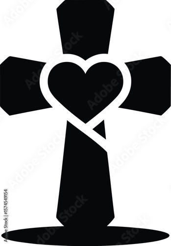 A black cross with a white heart in the center under a spotlight on a white background illustration