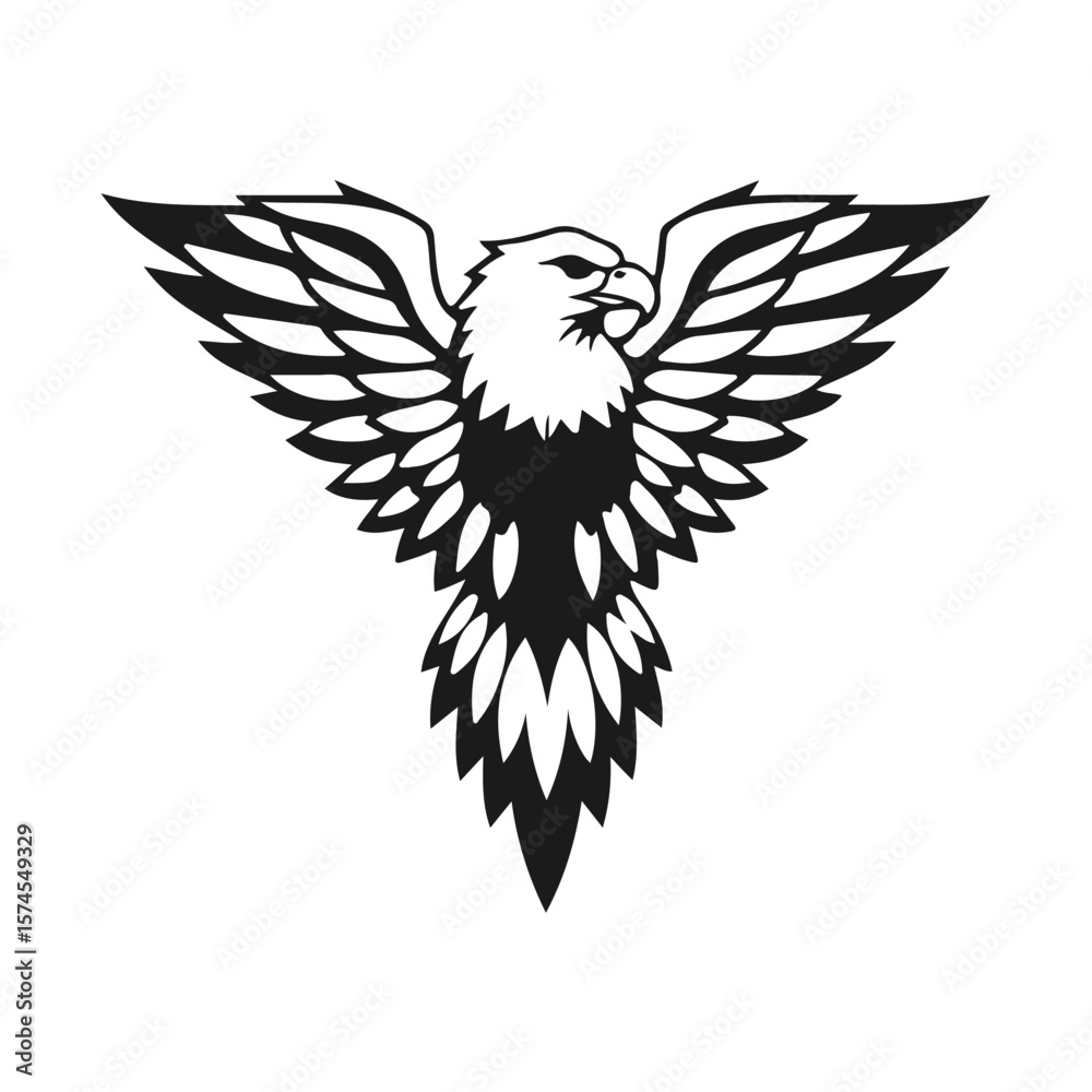 Obraz premium Flying eagle illustration, eagle spread wings, tribal bird, majestic hawk design, black bird silhouette