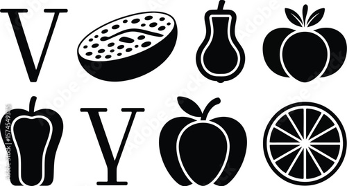 Black and white vector graphics of fruits and vegetables with letters v and y on a white background