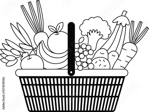 A black and white line drawing of a basket filled with a variety of fruits and vegetables inside it
