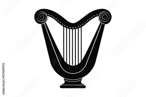 Elegant black silhouette of a classical harp on a white background