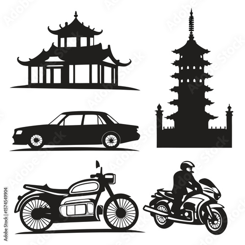 Asian pagoda temple and tiered pagoda with car and motorcycles asian architecture sedan
