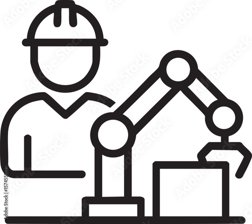 Industrial Automation Worker with Robotic Arm and Production Line