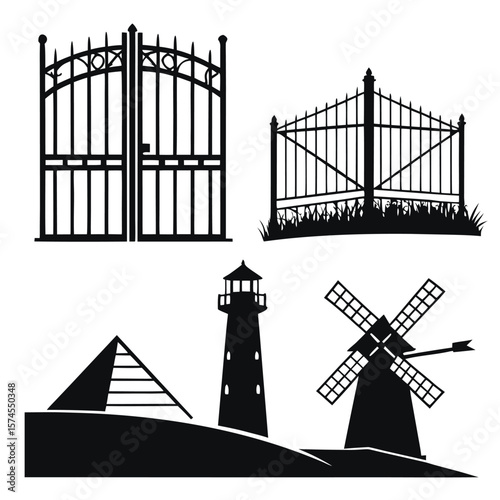 Ornate gates lighthouse pyramid windmill silhouettes fence architecture