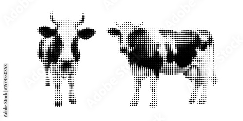 Cow, halftone vector illustration of a bull, in retro comic book style with bold dotted texture. Different positions, sitting, standing, Moo, Milk, Black and white image, isolated on white background.