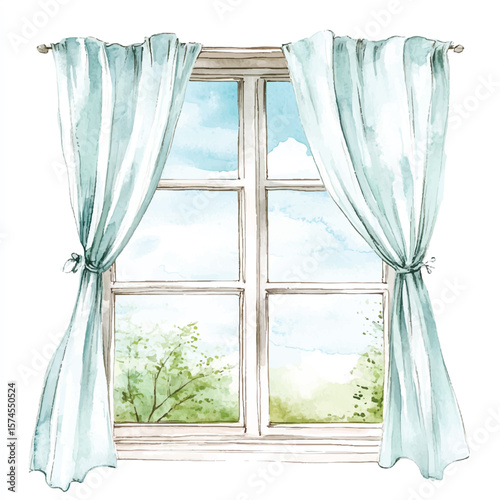 Watercolor depiction of a window with flowing curtains and a scenic view