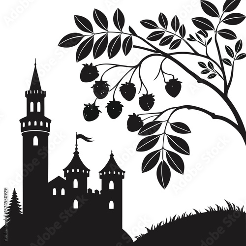 Castle silhouette with berry branches and grassy hill leaves