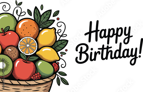 A basket full of fruits with leaves and swirls with happy birthday text on a white background