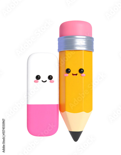鉛筆と消しゴムのかわいいキャラクター、３Dイラストレーション（Cute pencil and eraser characters, 3D illustration）
