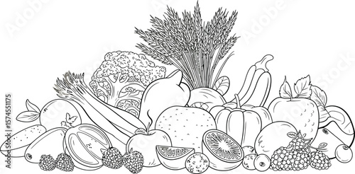A black and white line drawing of an assortment of fruits vegetables and grains together neatly arranged