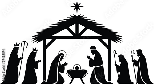 Black and white silhouette of nativity scene with the three kings and mary and joseph present